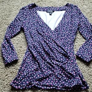Navy Wrap-Style Top w/ Pink Roses